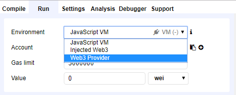 [Run]タブを開き、[Environment]のドロップダウンから「Web3 Provider」を選択